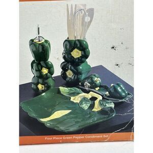 Vintage Four Piece Ceramic Green Pepper Condiment Kitchen Set in Original Box